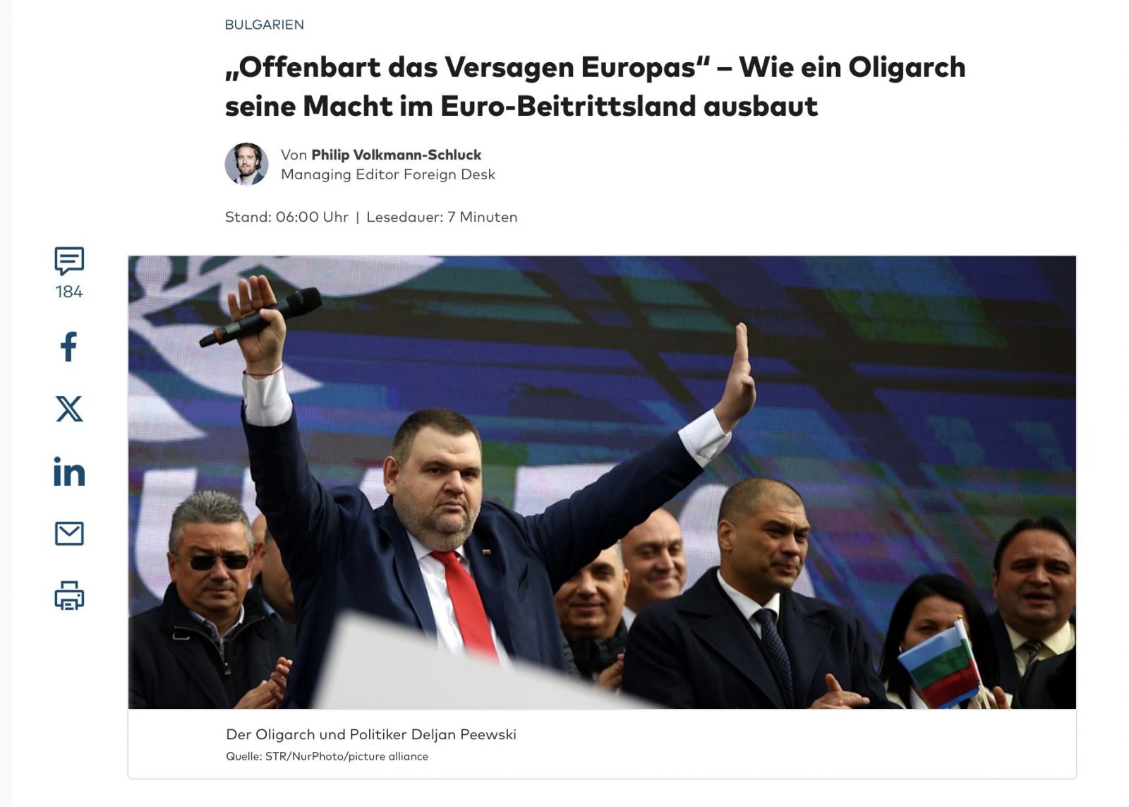 Die Welt: България разкрива провала на Европа: Как един олигарх разширява властта си в страна, присъединяваща се към еврото