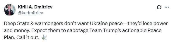 Помощникът на Путин в Х: Дълбоката държава и подстрекателите на война не искат мир в Украйна – ще загубят власт и пари. 